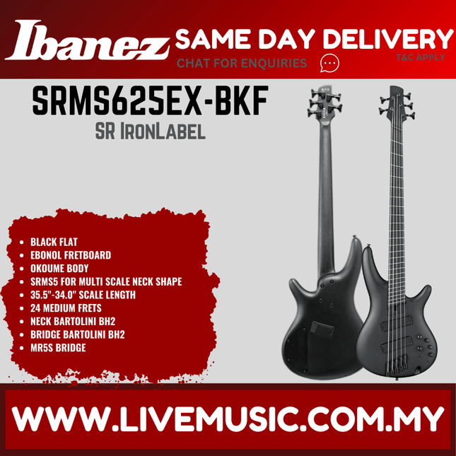 Ibanez Iron label SRMS625EX-BKF 5-String Multi-Scale Electric Bass Guitar, Black Flat ( SRMS625EX BKF / SRMS625EXBKF )