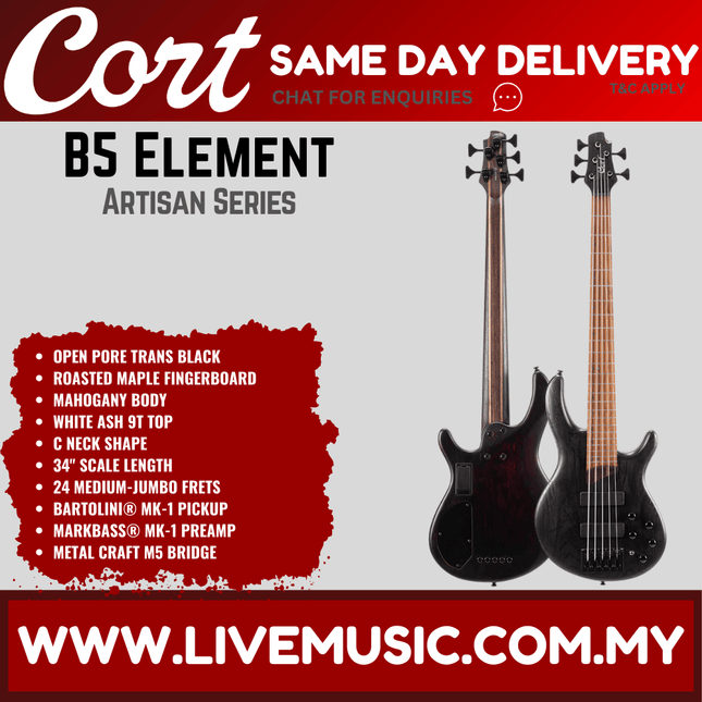 Cort B-5 Element Electric 5-String Bass W/Bag - Open Pore Trans Black ( B5 Element / B5Element )
