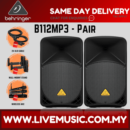Behringer Eurolive B112MP3 1000W 12" Powered Speaker w/UG-88HH Wireless Mic, Speaker Stand and Cable - Pair ( B-112MP3 / B 112MP3 )