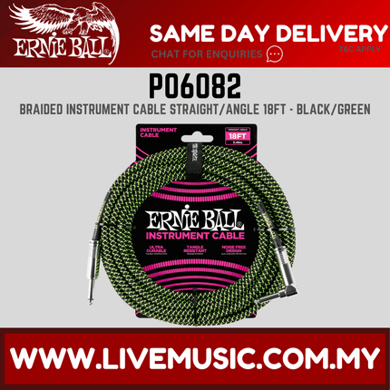 Ernie Ball 6082 Braided Straight to Right Angle Instrument Cable, Black & Green, 18ft