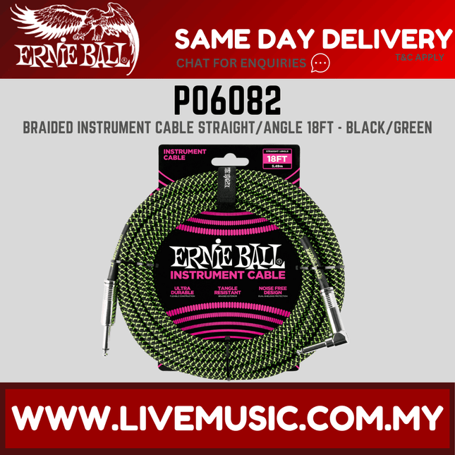 Ernie Ball 6082 Braided Straight to Right Angle Instrument Cable, Black & Green, 18ft