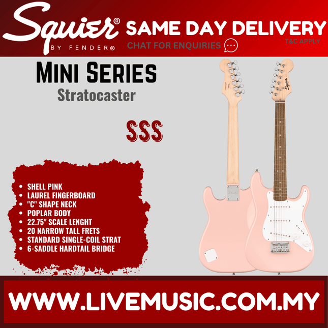 Squier Mini Stratocaster Electric Guitar, Laurel Fretboard - Shell Pink