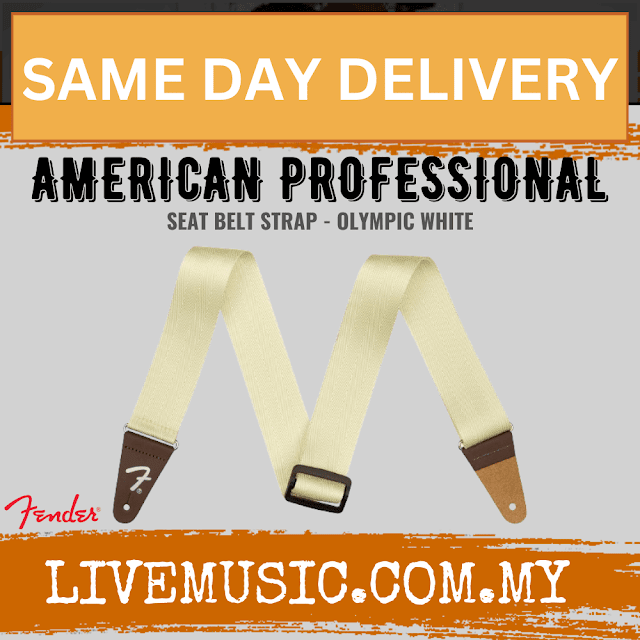 Fender Am Pro seat belt guitar strap in Olympic White, 2-inch, with brown ends and buckle