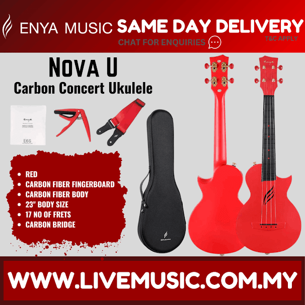 Red 23-inch concert ukulele with carbon fiber body and dark fretboard