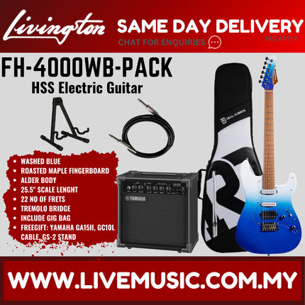 Livingston FH-4000 Stratocaster HSS Electric Guitar w/GA15II Amplifier, Roasted Maple Fretboard / Rosewood Fretboard  -Washed Blue ( FH4000 FH 4000 )