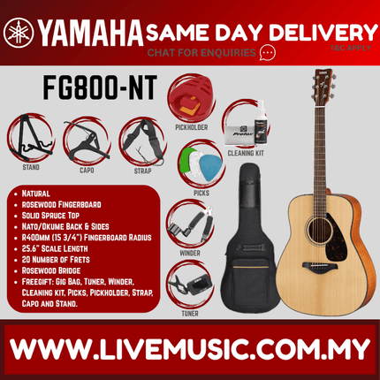 Yamaha FG800 41" Dreadnought Solid Sitka Spruce Top Acoustic Guitar- Natural (FG 800)