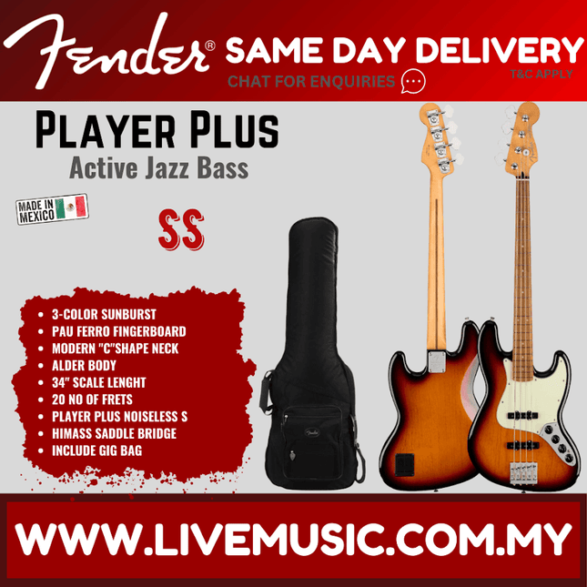 Fender Player Plus Jazz Bass Guitar, Pau Ferro Fretboard - 3 Color Sunburst