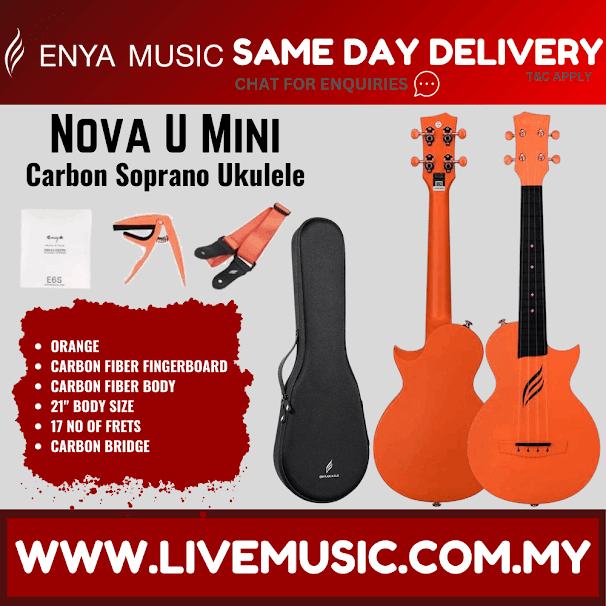 Orange soprano ukulele with black fretboard and included soft gig bag