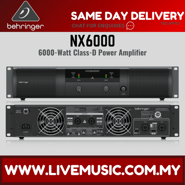 Behringer NX6000 class-D power amplifier showing front and rear panel controls