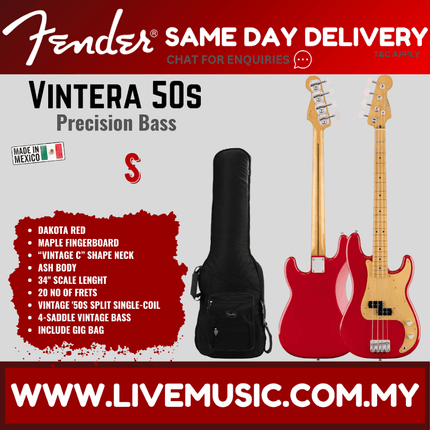 Fender Vintera 50s Precision Bass Guitar, Maple FB, Dakota Red