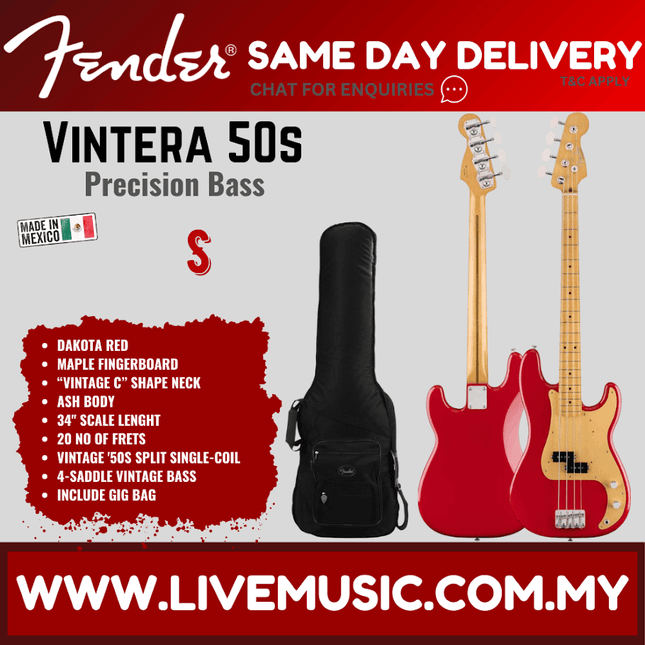 Fender Vintera 50s Precision Bass Guitar, Maple FB, Dakota Red