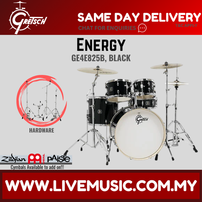 Gretsch Energy black 5-piece drum set with cymbals, toms, and bass drum hardware