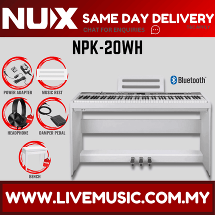 NUX NPK-20 88-Key Portable Digital Piano w/Piano Stand, Keyboard Bench And Sustain/3 pedal - White ( NPK 20 / NPK20 )