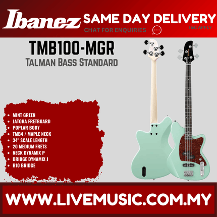Mint green electric bass guitar with dark bridge and pickups