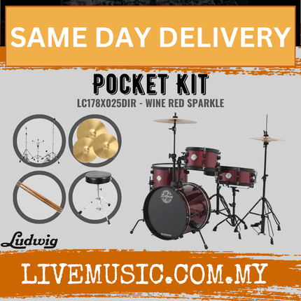 Ludwig LC178X025DIR Pocket Kit 4-Piece Drum Kit with Hardware and Cymbals - Wine Red Sparkle (LC178X 025DIR)
