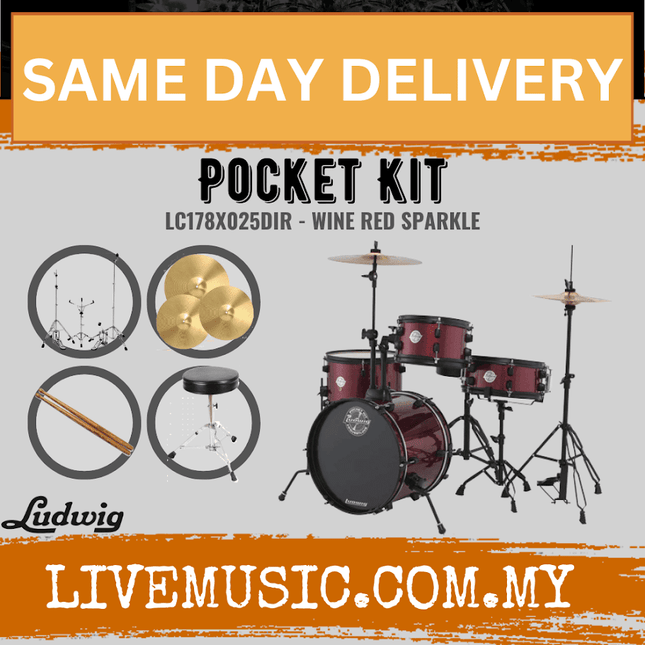 Ludwig LC178X025DIR Pocket Kit 4-Piece Drum Kit with Hardware and Cymbals - Wine Red Sparkle (LC178X 025DIR)