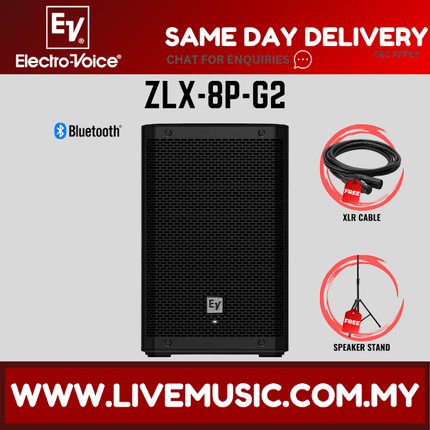 EV Electro-Voice ZLX-8P G2 1000W 8" Speaker Bluetooth W/ Stand Speaker And Free Cables - Each / Pair (ZLX8P ZLX 8P)