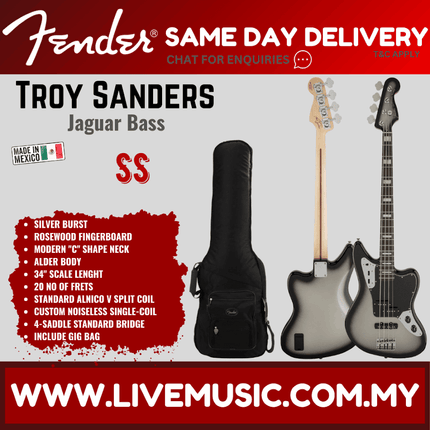 Fender Troy Sanders Signature Jaguar Bass Electric Guitar, Rosewood Fretboard with Gig Bag - Silver Burst
