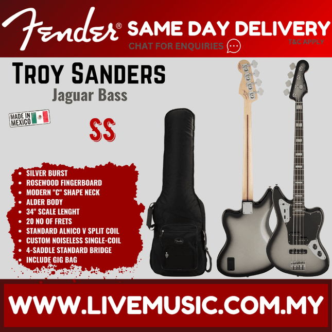 Fender Troy Sanders Signature Jaguar Bass Electric Guitar, Rosewood Fretboard with Gig Bag - Silver Burst