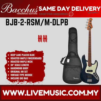 Bacchus BJB-2-RSM/M Jazz Bass HH Guitar - Deep Lake Placid Blue ( BJB2RSM BJB2 RSM )