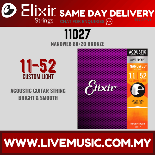 Elixir 11027 Nanoweb 80/20 Bronze Acoustic Guitar Strings, Custom Light (11-52)