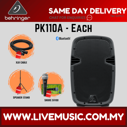 Behringer PK110A Active 350W 10" PA Speaker With Bluetooth w/Wireless Mic, Speaker Stand & Cable - (PK-110A PK 110A)