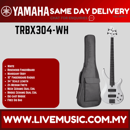 Yamaha TRBX304 4-string Electric Bass Guitar Package - White ( TRBX 304 / TRBX-304 )