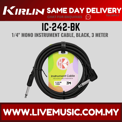 Kirlin Cable IC-242 3/6 Meter Mono Right Angle L Plug Instrument Cable For Electric Acoustic Bass Guitar Speaker Amp Keyboard Drum Amplifier (IC 242/IC242)