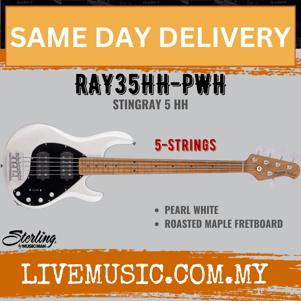Sterling Ray35HH Stingray 5-String Electric Bass Guitar Roasted Maple Fretboard - Pearl White (Ray-35HH/Ray 35HH)