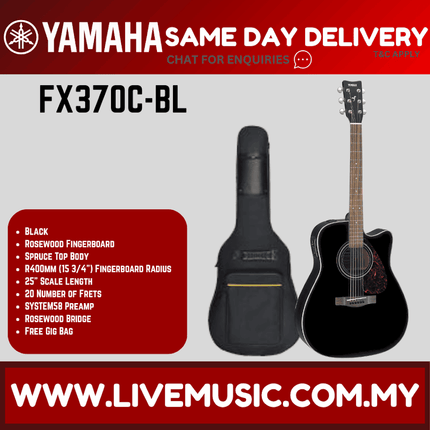 Black Yamaha FX370C cutaway acoustic-electric guitar with pickup, shown with gig bag