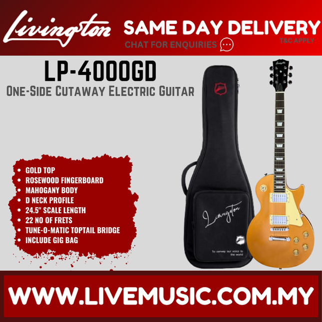 Gold one-side cutaway electric guitar with rosewood fretboard, includes gig bag