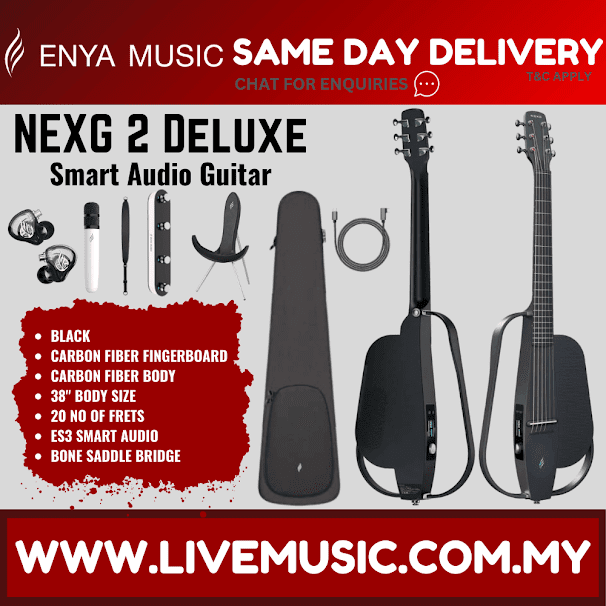 Black acoustic-electric guitar with carbon-fiber style fingerboard and smart audio controls
