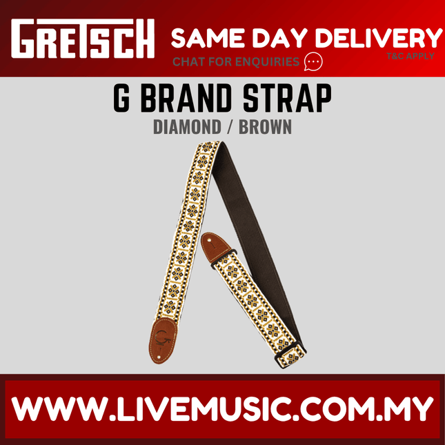 Gretsch G Brand Guitar Strap, Diamond Brown Ends