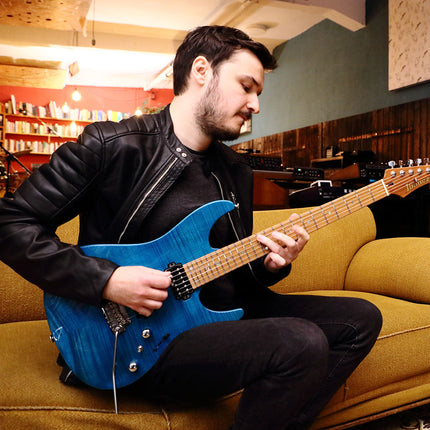 Ibanez MM1 Martin Miller Signature Electric Guitar with Case - Transparent Aqua Blue (MM1-TAB)