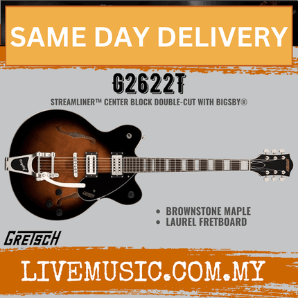 Brownstone maple double-cut electric guitar with Bigsby tremolo, pickups, chrome hardware
