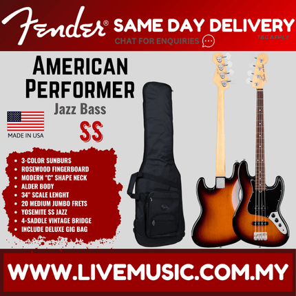 Fender American Performer Jazz Bass Guitar, Rosewood Fretboard with Bag - 3-Tone Sunburst
