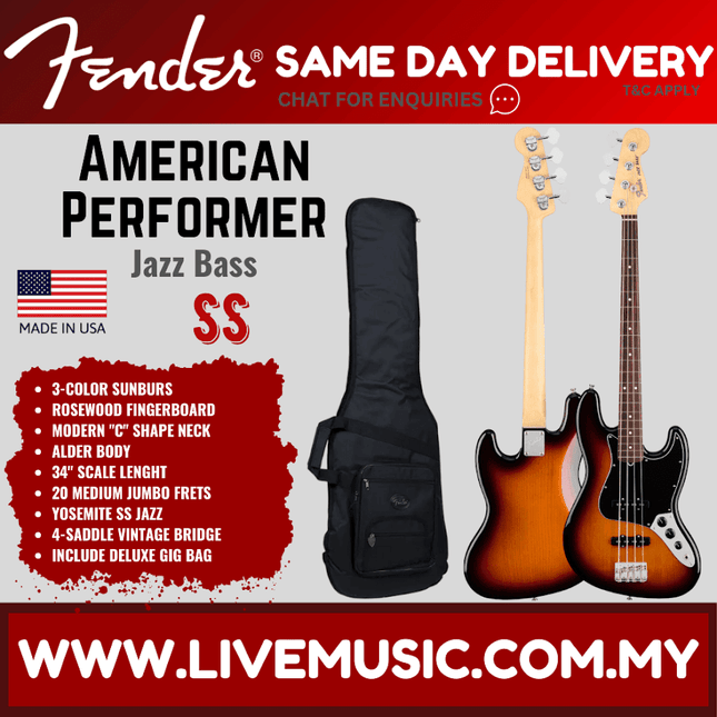 American Performer Jazz Bass marketing layout with included gig bag