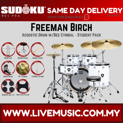 Sudoku Freeman Birch Acoustic Drum Set Adult Drum With Accessories - Clear White