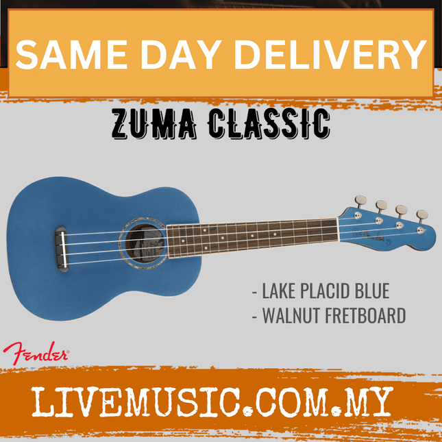 Fender Zuma Classic Concert Ukulele, Walnut Fretboard - Lake Placid Blue