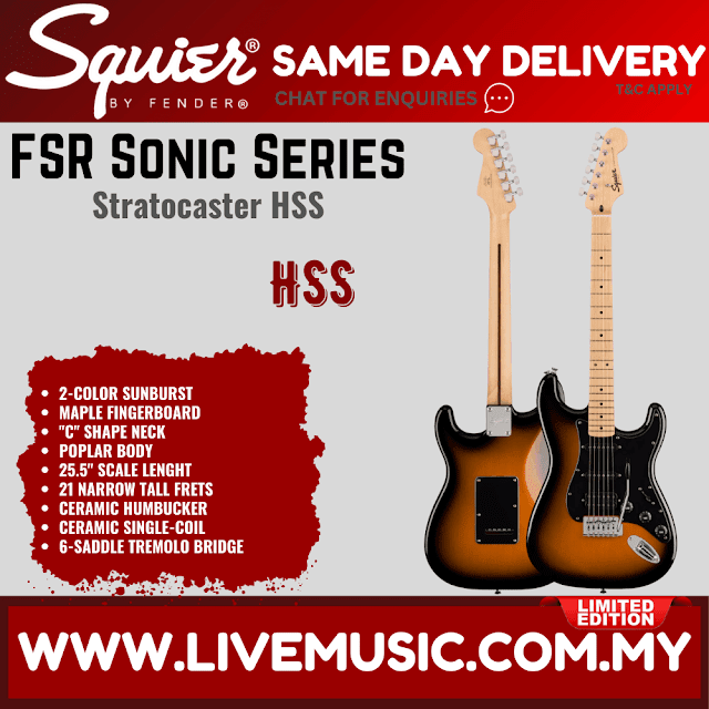 Squier FSR Sonic Stratocaster HSS Electric Guitar w/Black Pickguard, Maple FB, 2-Color Sunburst