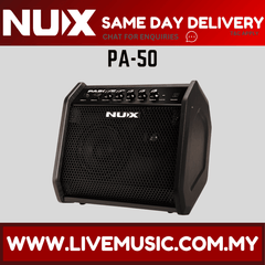 Black NUX PA-50 personal drum monitor speaker with grille and front control knobs