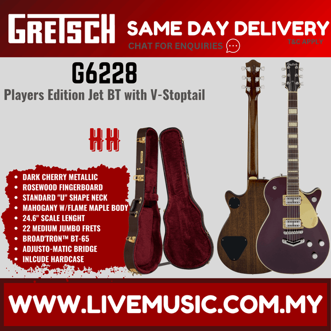 Gretsch G6228-PE Players Edition Jet BT Electric Guitar w/V-Stoptail, Dark Cherry Metallic
