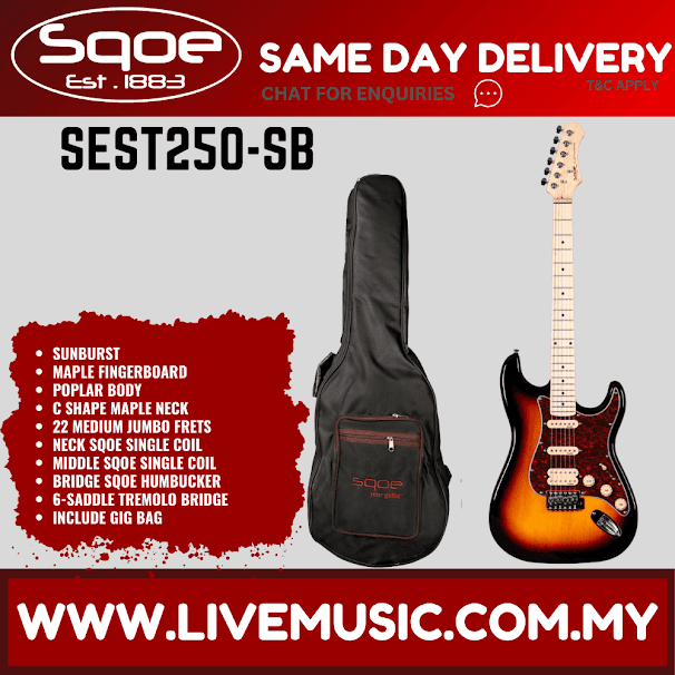 SQOE SEST250 Stratocaster HSS 6-String Electric Guitar w/Gig Bag, Rosewood FB - Sunburst ( SEST 250 / SEST-250 )