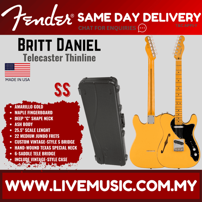 Fender Britt Daniel Signature Telecaster Thinline Electric Guitar, Maple Fretboard - Amarillo Gold