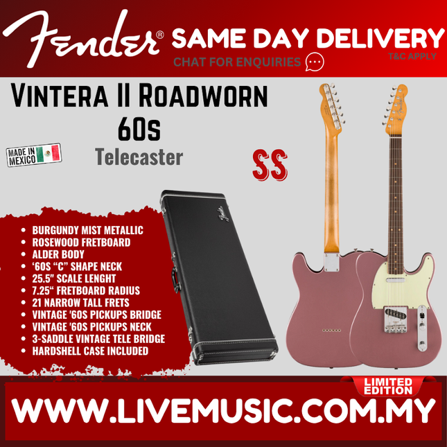 Fender Limited Edition Vintera II Roadworn 60s Telecaster Electric Guitar, RW FB, Burgundy Mist Metallic