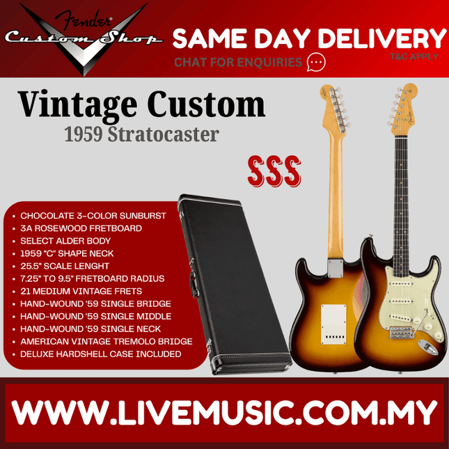 Fender Custom Shop Vintage Custom 1959 Stratocaster Guitar, RW FB, Chocolate 3-Color Sunburst
