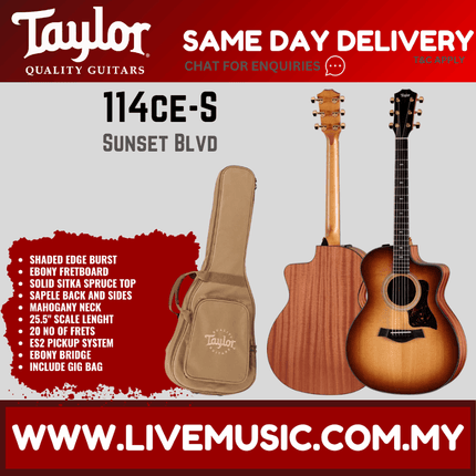Taylor 114ce-S Sunset Blvd Acoustic Guitar w/Bag, Shaded Edge Burst Top ( 114ceS / 114ce S )