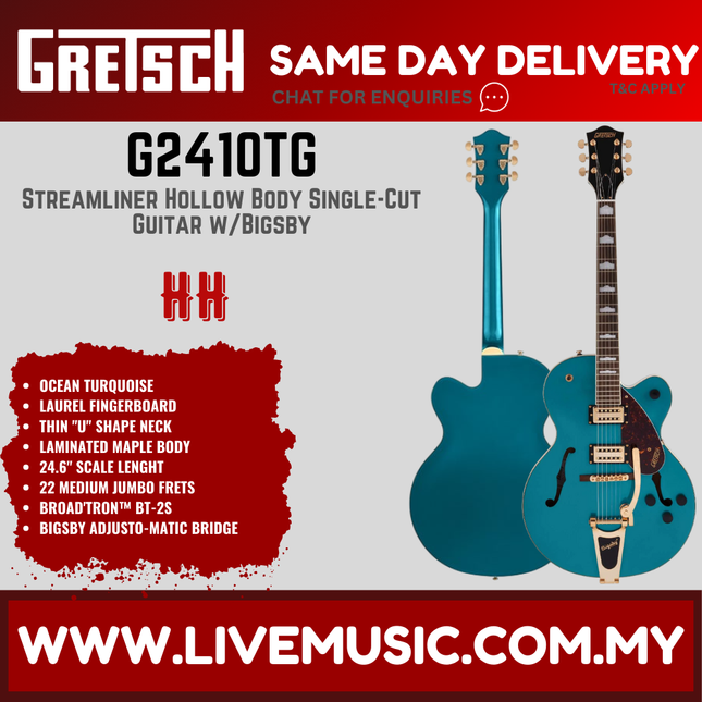 Gretsch G2410TG Streamliner Hollow Body Single-Cut Electric Guitar, Laurel FB, Ocean Turquoise