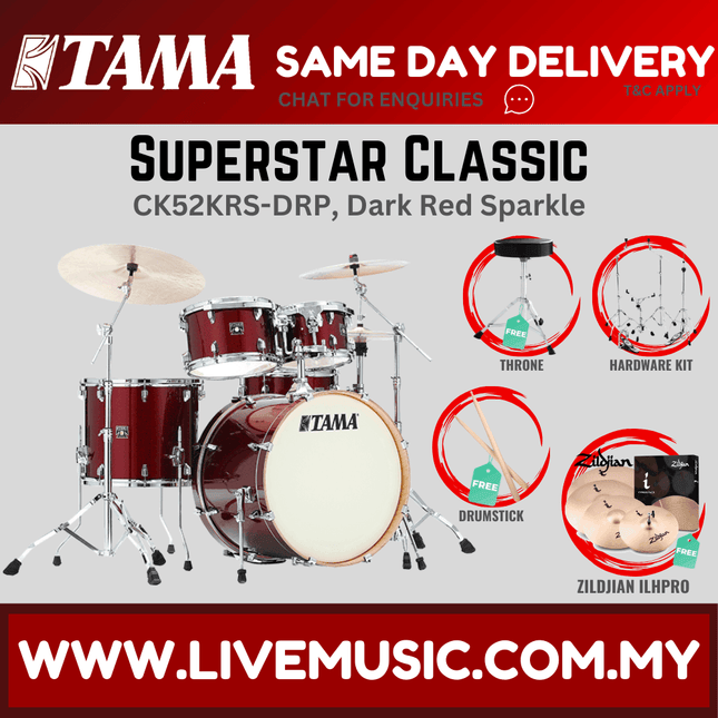 Tama Superstar Classic 5-piece drum set with dark red sparkle wrap and cymbals