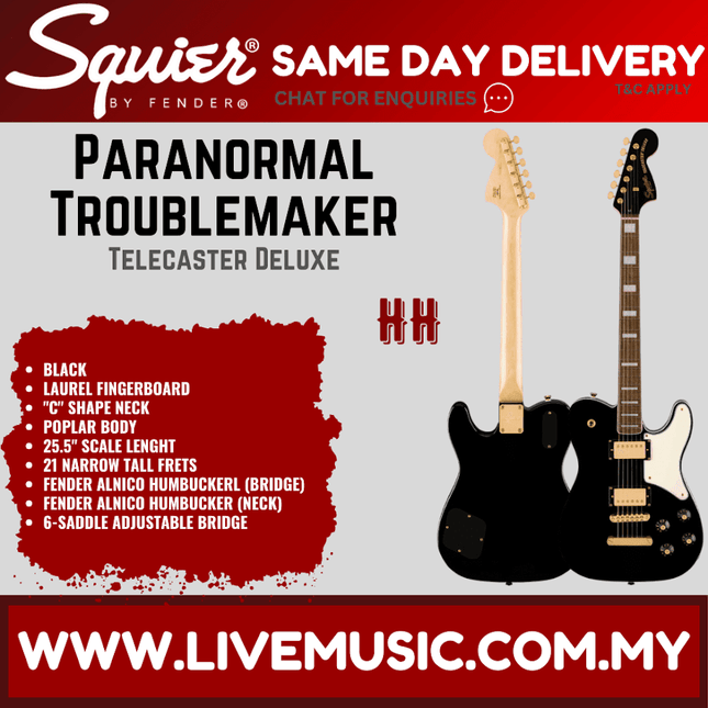Squier Limited Edition Paranormal Troublemaker Telecaster Deluxe Guitar, Laurel FB, Black